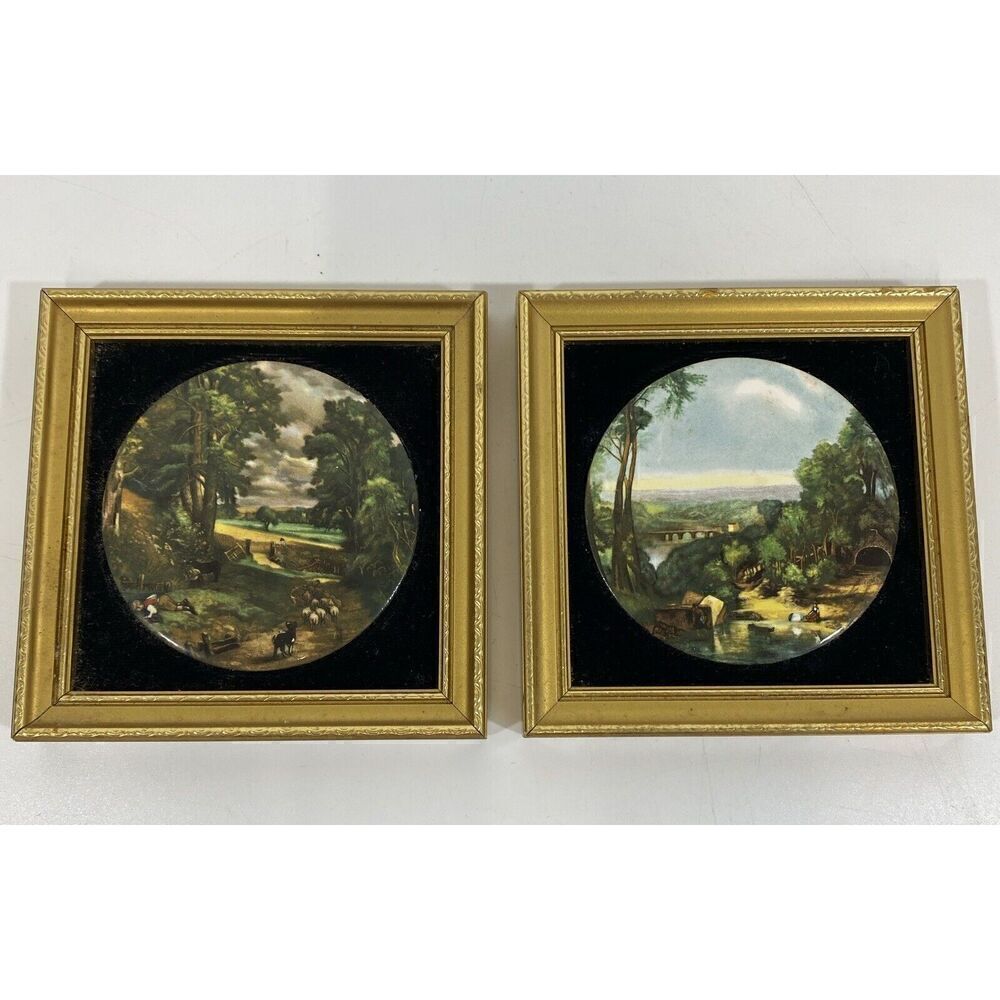 Vintage Staffordshire wall hanging ceramic Cottagecore plaques x2‎ Pastoral 5x5